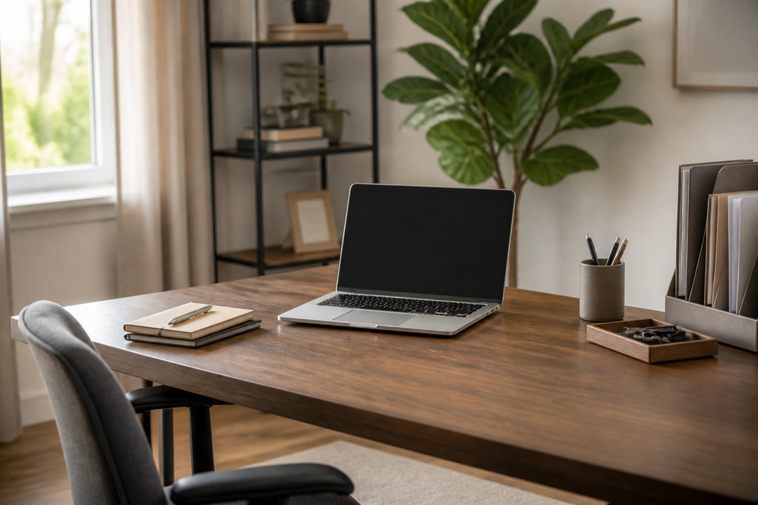 Organized home office desk with daily work essentials, separated paper storage, and neatly routed cables