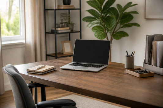 Organized home office desk with daily work essentials, separated paper storage, and neatly routed cables