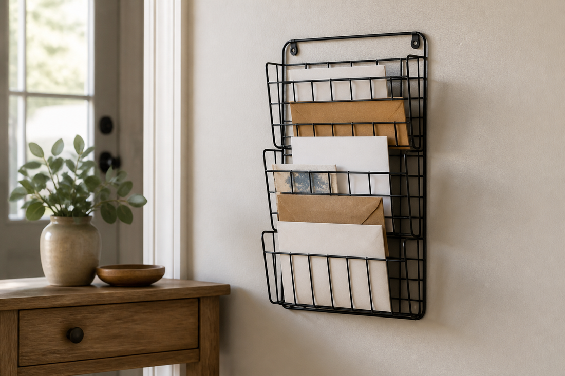 Wall-mounted mail organizer installed neatly in a home entryway with room to access the mail pockets