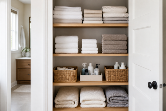Organized linen closet with towels, bedding, blankets, and separated household supplies