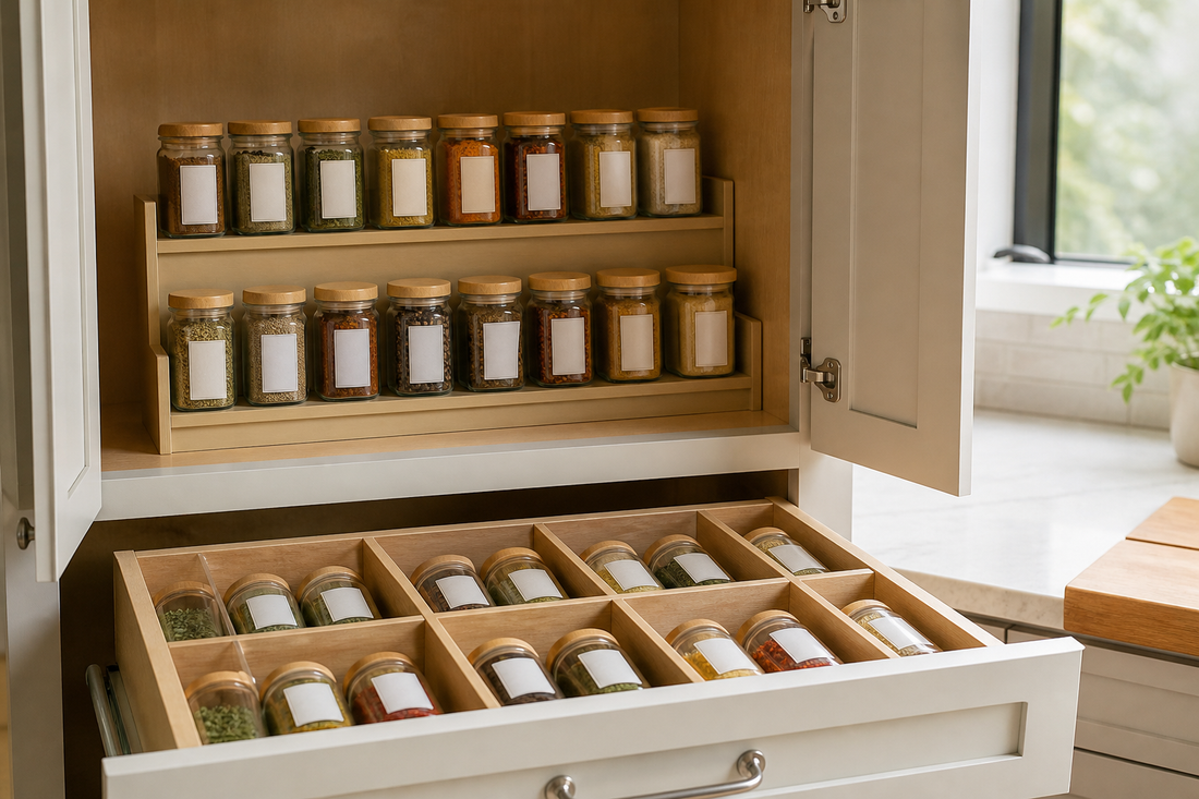 Organized spice jars arranged for easy access in both a kitchen cabinet and drawer