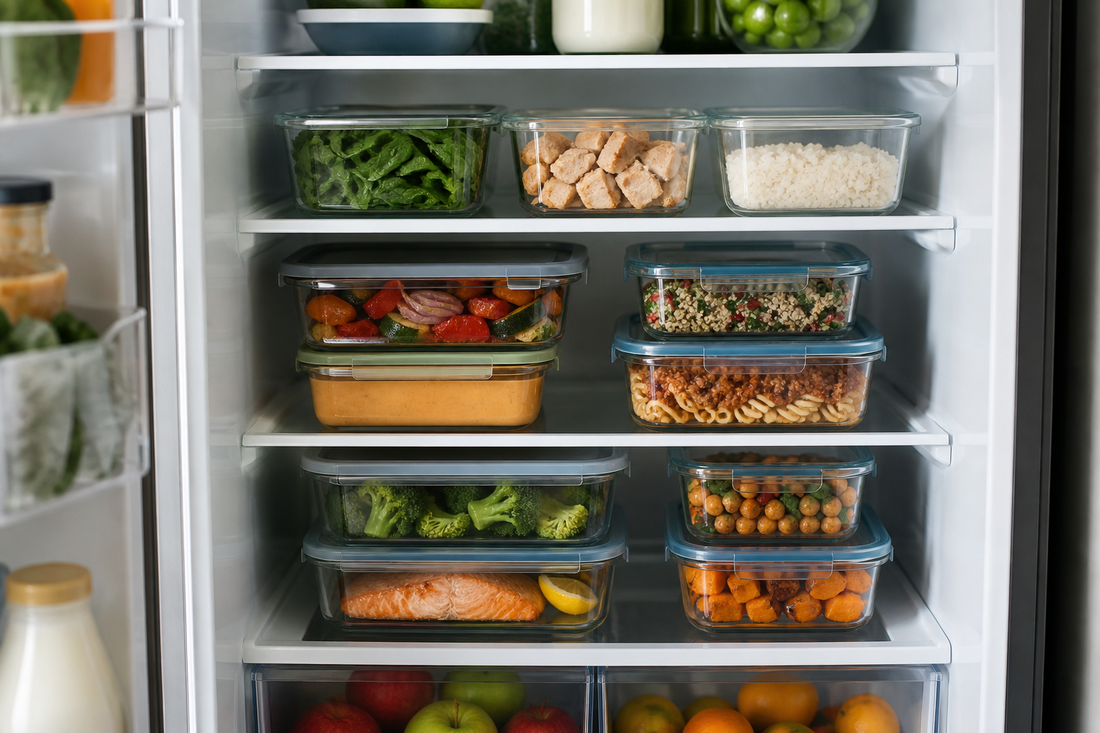 Organized refrigerator shelf with rectangular food storage containers stacked and arranged for visible leftovers and meal prep