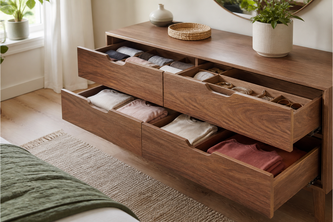 Open dresser with separate drawers for everyday clothing, accessories, and daily essentials
