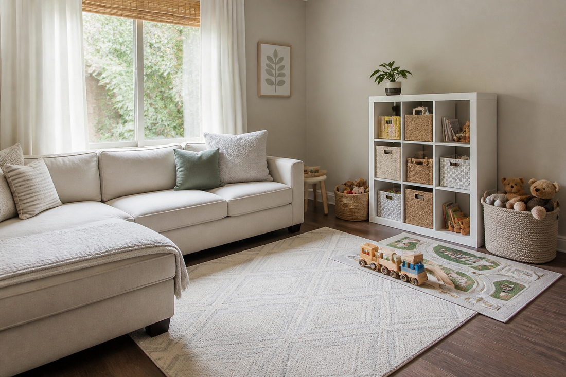 Small living room with a defined toy play zone, cube storage, and a large toy basket