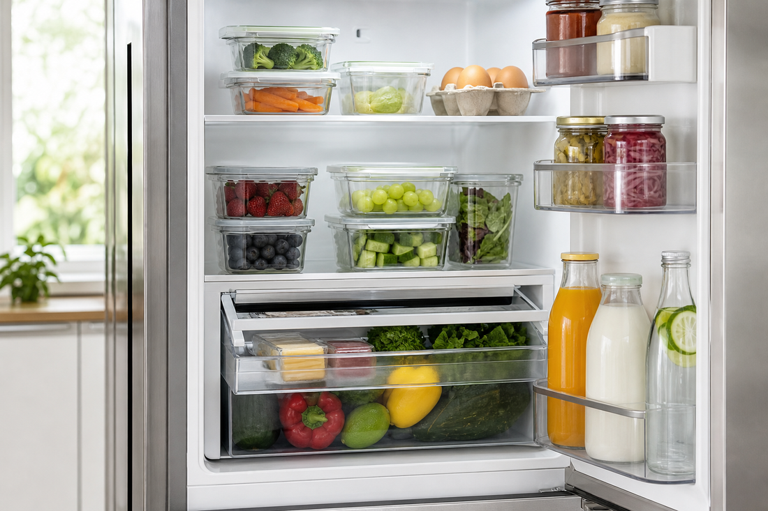 Neatly organized refrigerator with clear bins, an under-shelf drawer, produce containers, and lidded food-storage containers
