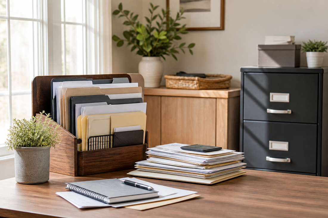 Organized home filing system with active paperwork, household records, and storage folders on a desk
