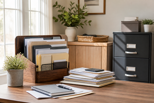 Organized home filing system with active paperwork, household records, and storage folders on a desk