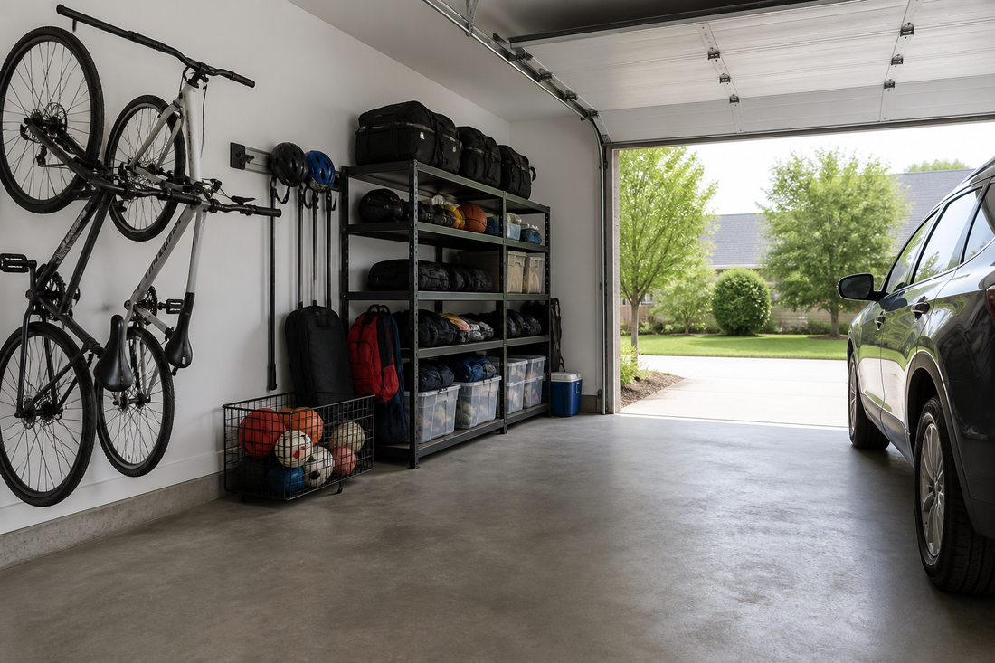 Organized garage with distinct sports equipment zones, clear walkways, shelving, bins, and dedicated bike storage