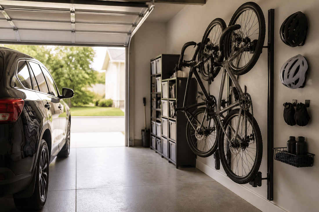 Organized residential garage with bicycles stored along a wall and a clear walking route through the center