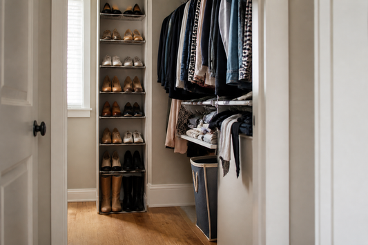 Small closet organized with shoes on a slim vertical rack, upper shelves, and a clear floor walkway