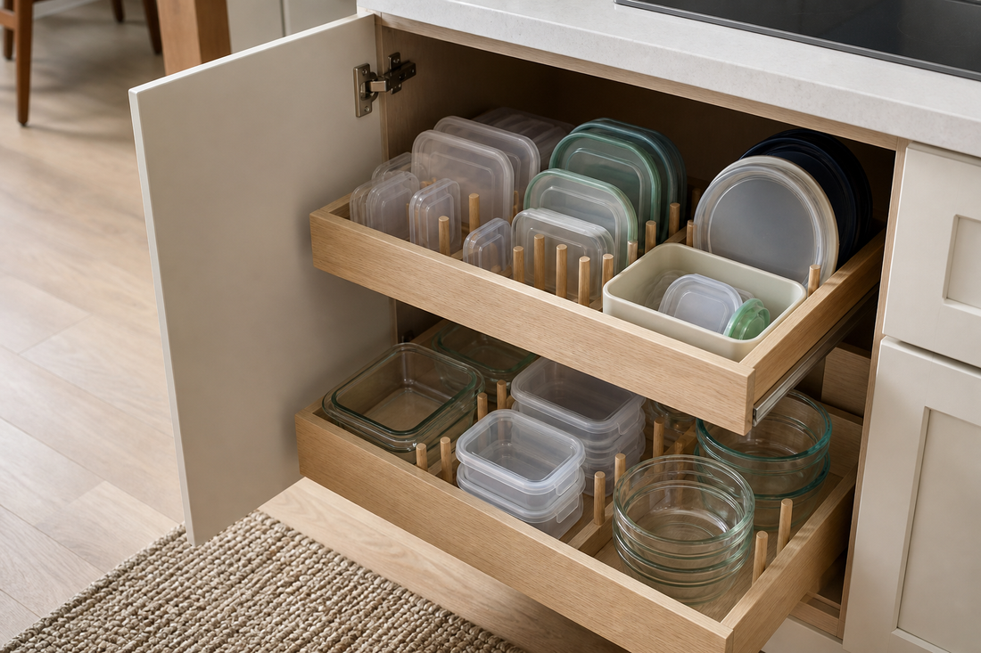 Food storage containers and lids organized in a kitchen cabinet and shallow drawer with separate storage sections