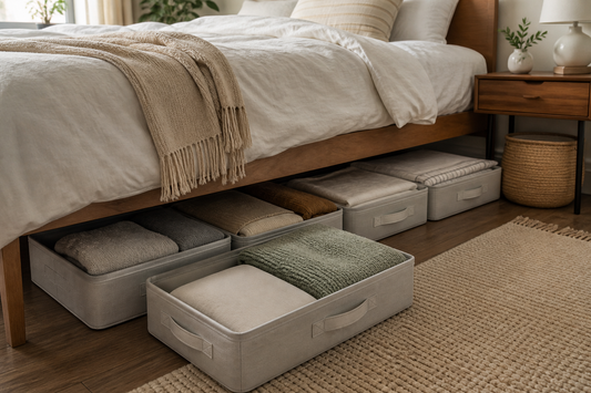 Organized under-bed storage system with seasonal clothing and bedding grouped in accessible containers