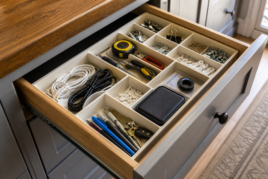 Open junk drawer organized into practical compartments with frequently used household items easy to reach