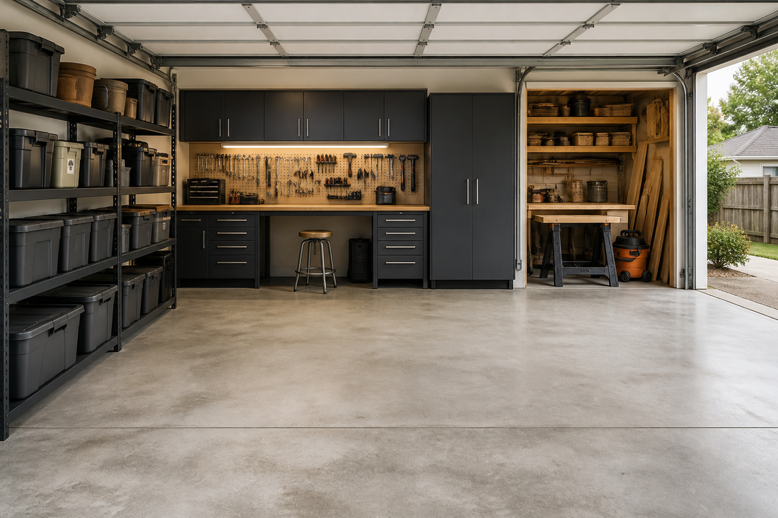 Organized garage workshop with separate storage, workbench, and project areas