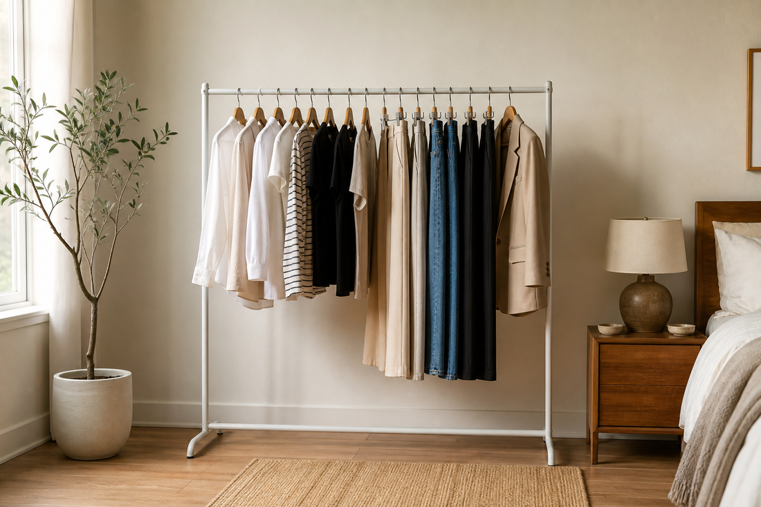 Curated freestanding clothing rack with spaced everyday outfits in a calm bedroom
