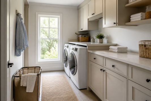 Well-organized laundry room with clear collection, washing, folding, and hanging zones