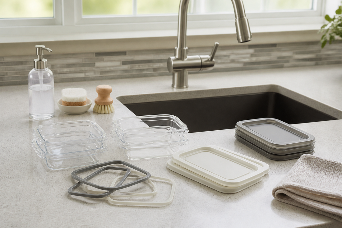 Food storage containers separated into bases, lids, and removable seals beside cleaning supplies at a kitchen sink
