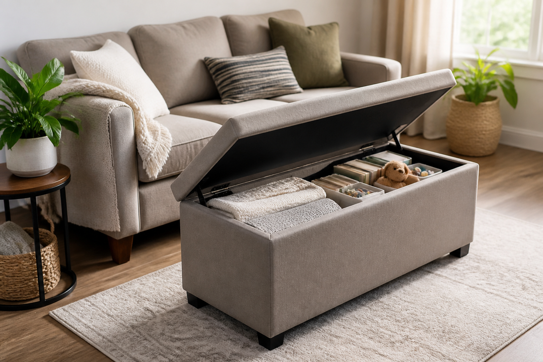 Storage ottoman containing blankets and everyday living room items in a compact space
