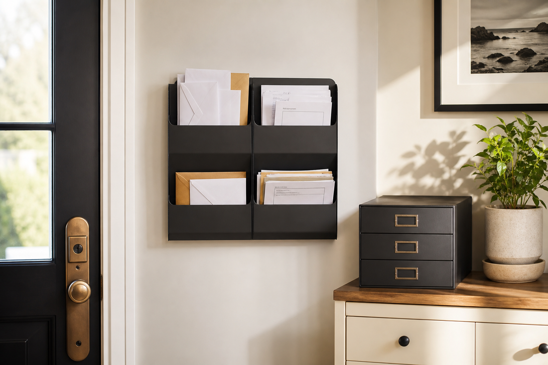 Wall-mounted home mail organizer with four broad sections holding incoming, action, outgoing, and ready-to-file papers