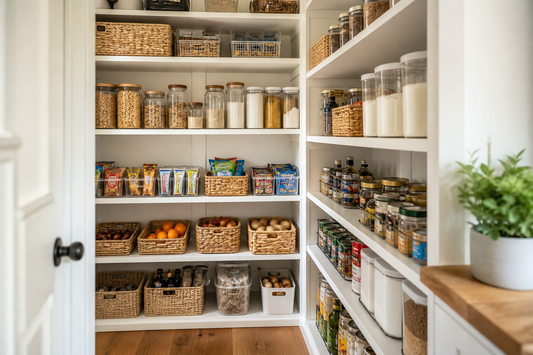 Deep kitchen pantry organized into clearly separated zones for breakfast foods, snacks, cooking staples, baking supplies, and backstock