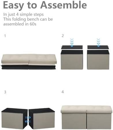 AmasSmile Footrest Ottoman Storage Bench, 34" Linen Folding Stool, Beige | Large Ottoman with Storage, Thicker Foam Padded Seat, Livingroom, Dorm, Bedroom, Entryway, Easy to install,34 x 13 x 13in