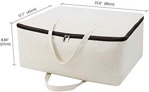 3pcs Cotton Clothes Bedding Storage Organizer Bins with Handles 3-side Zip | Breathable Canvas, Soft Storage Bins, Good for winter Clothes, Sweaters blankets, duvets, pillows Organizer, Beige, washable