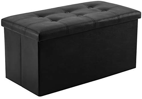 YOUDENOVA 30" Ottoman with Storage, Folding Faux Leather Bench, Black | Foldable ottoman with hidden storage, padded faux leather seat for living room, bedroom and entryway.