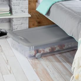 Sterilite 8-Pack Wheeled Latching Box, Under Bed Storage Containers, 56 Qt, Silver - Stackable Plastic Organizer Bins with Lids for Clothes, Shoes, Craft, and Bedroom Organization
