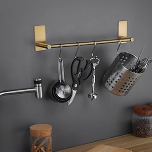 Taozun Golden Towel Bar - Self Adhesive Towel Holder + 2 Packs Hooks, 16-in | Brushed Brass Finish, SUS304 Stainless Steel, Rustproof, No Drilling, Ideal for Bathroom, Kitchen, RV