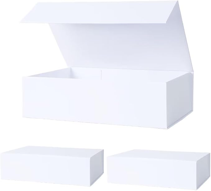 Aimyoo Small White Collapsible Gift Box with Magnetic Closure Lids 10.5x7x3 in, Bridesmaid Groomsman Proposal Boxes, Rectangle Storage Box 3 Pack