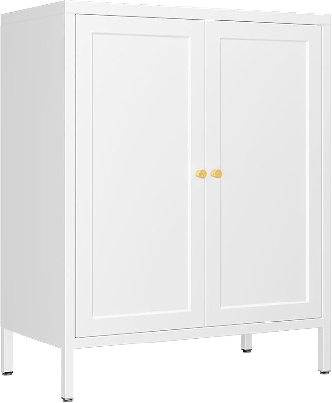 Metal Accent Storage Cabinet for Home, LivingRoom,Office,Kitchen- Metal Locker Cabinet with 1 Adjustable Shelves-Bathroom Floor Storage Cabinet Freestanding Organizer(Square Door, White)
