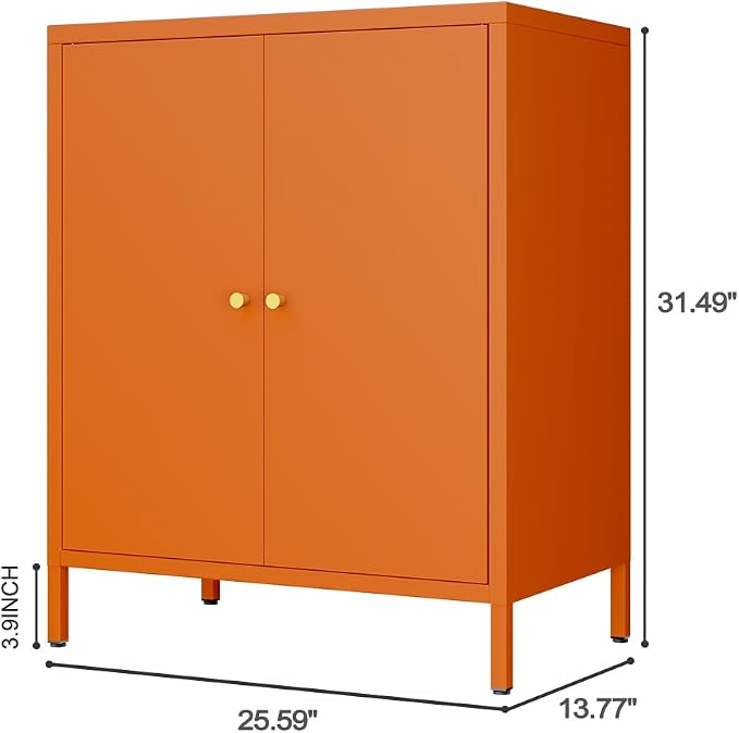 2 Door Metal Accent Storage Cabinet for Home,Office Room,Kitchen-Metal Locker Cabinet with 1 Adjustable Shelves-2-Tier (Small 2 Door Cabinet, Orange)