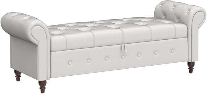 NIOIIKIT 63'' Storage Ottoman Bench, Tufted Entryway Bench White Polyester | Button Tufted End of Bed, Large Storage Space, Rolled Armed Ottoman Couch Long Bench for Bedroom, Living Room, Hallway
