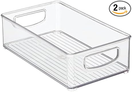 mDesign Small Plastic Kitchen Storage Container Bin with Handles - Organization in Pantry, Refrigerator or Freezer - Food Organizer for Fruit, Yogurt, Squeeze Pouches, 2 Pack, Clear