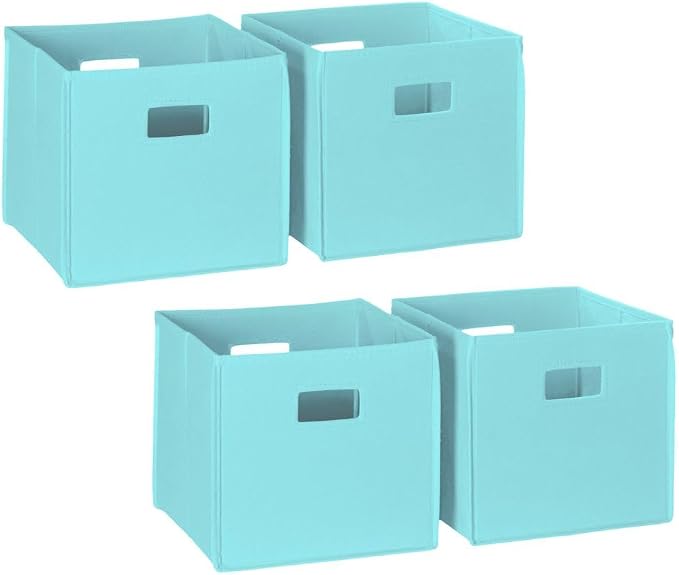 RiverRidge Folding Storage Bins - 4-pack of 10in Tall Aqua Cubes | Fabric Bins, Set of 4 Storage Cubes, Cut-out Handles, Playroom Closet Organizer, Collapsible Cubby with Bottom Board Insert
