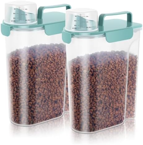 5-7 LBS Cat Dog Storage Container Portable with Upgraded Large Spout and Cup, Plastic Pet Food Dispenser for Small Animal Kibble, Bird Seed, Oatmeal, Rice, Flour, Brown Sugart-2 pack Elegant Blue