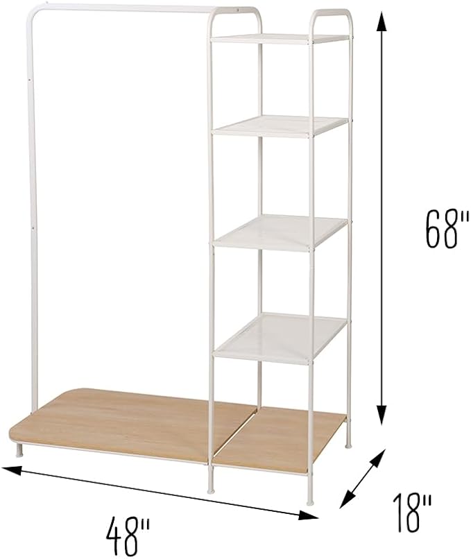 Honey-Can-Do Clothing Rack, Clothes Rack with Wood Shelf, Freestanding, Easy to Assemble Garment Rack, Standing Metal Sturdy, Small Space Storage Solution, with Shoe Storage White