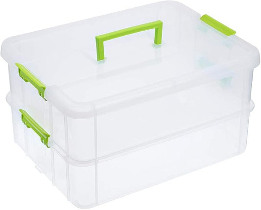 JUXYES 2-Tiers Plastic Stack Carry Storage Containers Box wih Handle Lids | Clear Stackable Latching Craft Storage Bin for School Office, Organizing Stationery, Sewing, Art Craft, DIY Supplies, Green