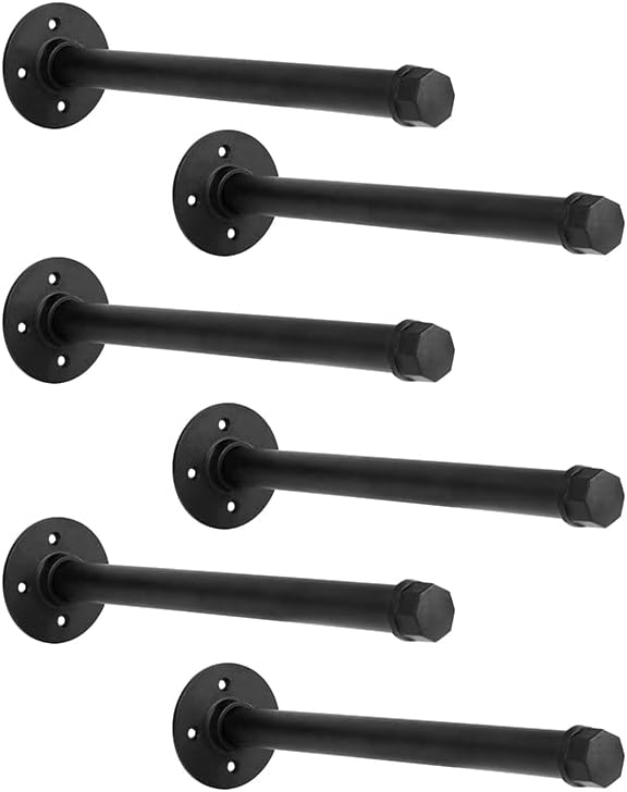 12 Inch Industrial Pipe Shelf Brackets 3/4 Set of 6 - Black Iron Rustic Wall Mounted DIY Shelving Brackets Hanging Custom Pipe Brackets for Floating Shelves