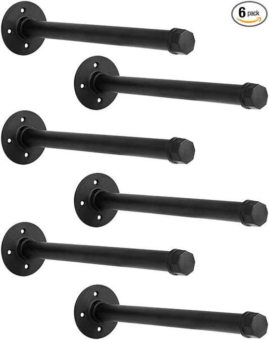 Industrial Black Iron Pipe Shelf Brackets Wall Mount DIY Shelving Brackets Pipe Decor Wall Rustic Garment Rack Hardware Included, 14 Inch Set of 6