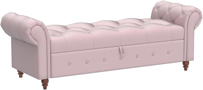NIOIIKIT 63'' Storage Ottoman Bench, Tufted Entryway Bench Pink Velvet | Button Tufted End of Bed, Large Storage Space, Rolled Armed Ottoman Couch Long Bench for Bedroom, Living Room, Hallway