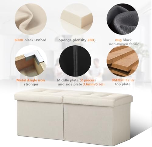 AmasSmile Footrest Ottoman Storage Bench, 34" Linen Folding Stool, Beige | Large Ottoman with Storage, Thicker Foam Padded Seat, Livingroom, Dorm, Bedroom, Entryway, Easy to install,34 x 13 x 13in
