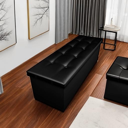 Camabel 43 Inch Folding Storage Ottoman Bench 125L Hold up 700lbs Ottoman with Storage Chest Foam Seat Padded Foot Rest Stool Faux Leather Bedroom Bench with Storage Coffee Table Black