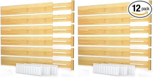 SpaceAid Bamboo Drawer Dividers with Labels, Kitchen Adjustable Drawer Organizers, Expandable Organization for Home, Office, Dressers and Bathroom, 6 Dividers (17-22 in) (Pack of 2)
