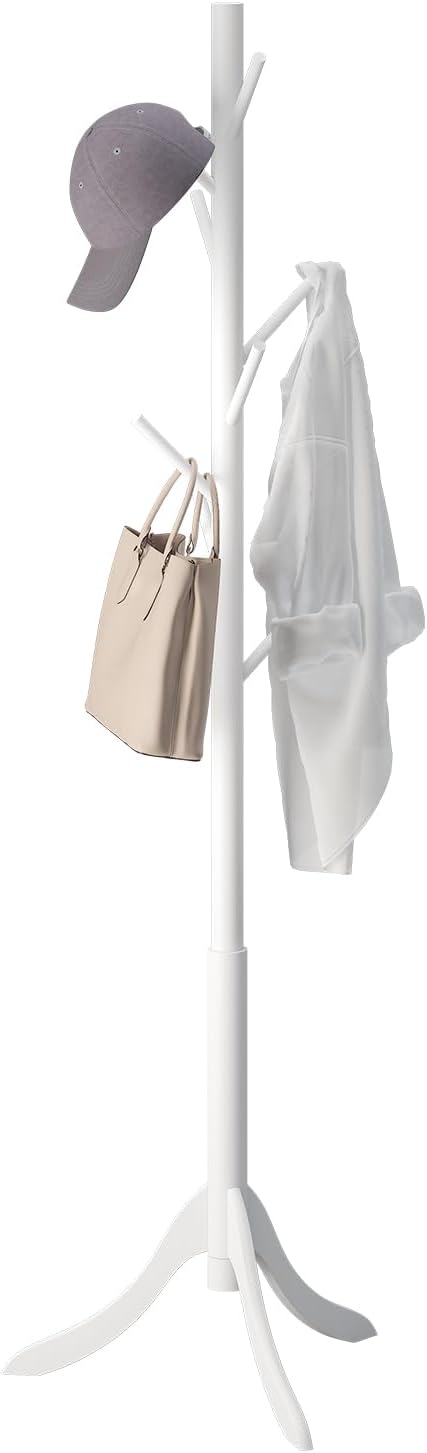 kiplant Coat Rack Stand with 8 Hooks, Adjustable Coat Standing Tree Easy Assembly for Coats, Hats, Scarves and Handbags for Entryway, Hallway, Bedroom, Office (Bamboo, White)