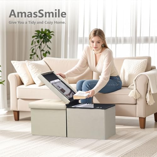 AmasSmile Footrest Ottoman Storage Bench, 34" Linen Folding Stool, Beige | Large Ottoman with Storage, Thicker Foam Padded Seat, Livingroom, Dorm, Bedroom, Entryway, Easy to install,34 x 13 x 13in