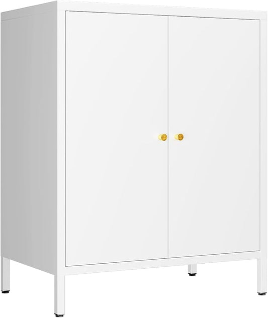2 Door Metal Accent Storage Cabinet for Home, Living Room, Office Room,Kitchen-Metal Locker Cabinet with 1 Adjustable Shelves-2-Tier (Small 2 Door Cabinet, White)