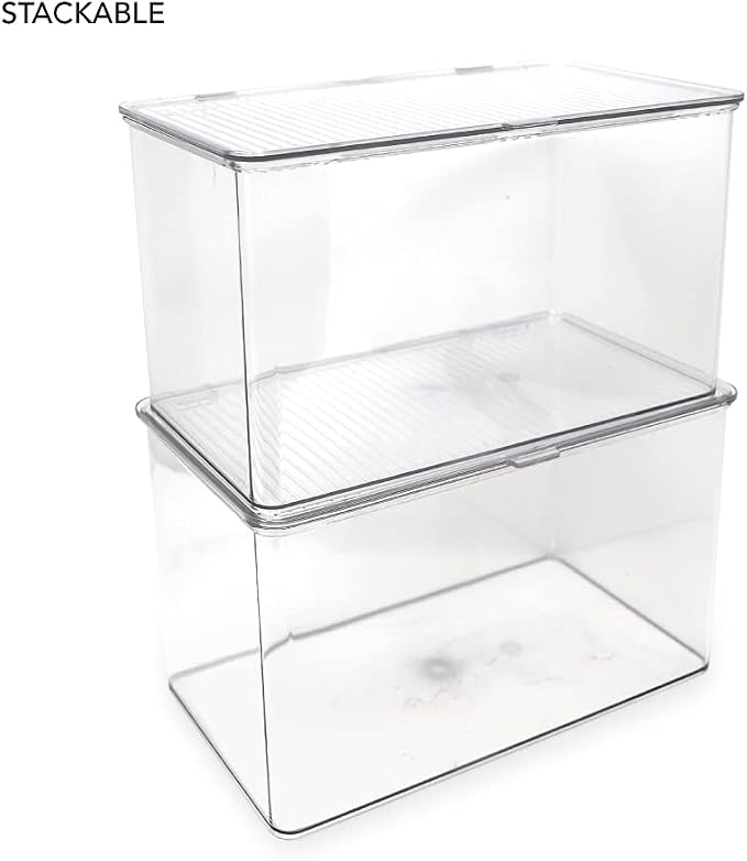 Isaac Jacobs Large Stackable Organizer Bin (10.75” x 6.5” x 6.1”) | With Hinged Lid, Clear Storage Box Home Office School Fridge Bathroom Kitchen Pantry Container BPAFree Food Safe