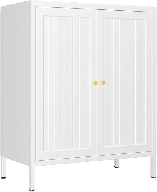 Metal Accent Storage Cabinet for Home, LivingRoom, Office,Kitchen- Metal Locker Cabinet with 1 Adjustable Shelves-Bathroom Floor Storage Cabinet Freestanding Organizer(Stripe Door, White)