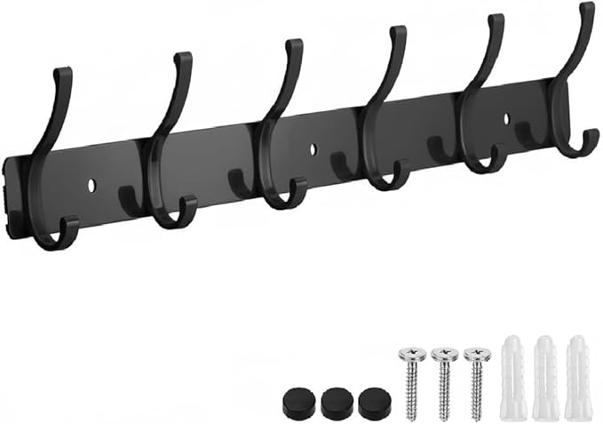 Wall Mount Coat Rack 1 Pack, Black Coat Hooks Hanger with 6 Double Hooks | Zinc Alloy, Smooth Hook Edges, Screw Installation, Double Hooks，Greater Storage Space for Hanging Robes, Clothes, Bags, Hat